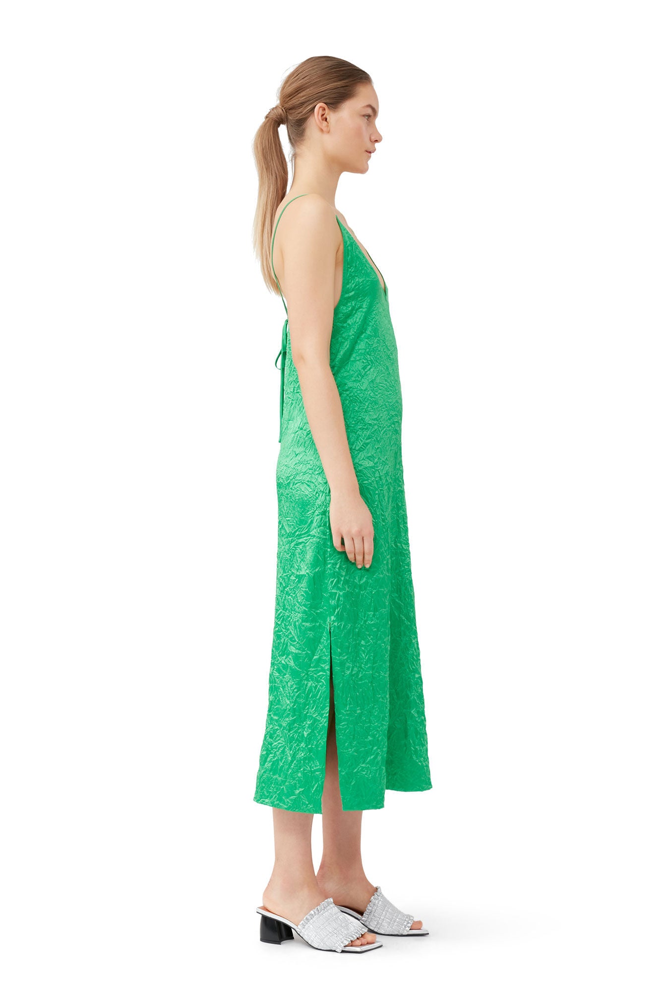 GREEN CRINKLED SATIN SLIP DRESS