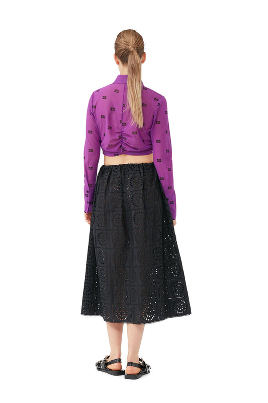 PRINTED MESH CROPPED RUCHED SHIRT